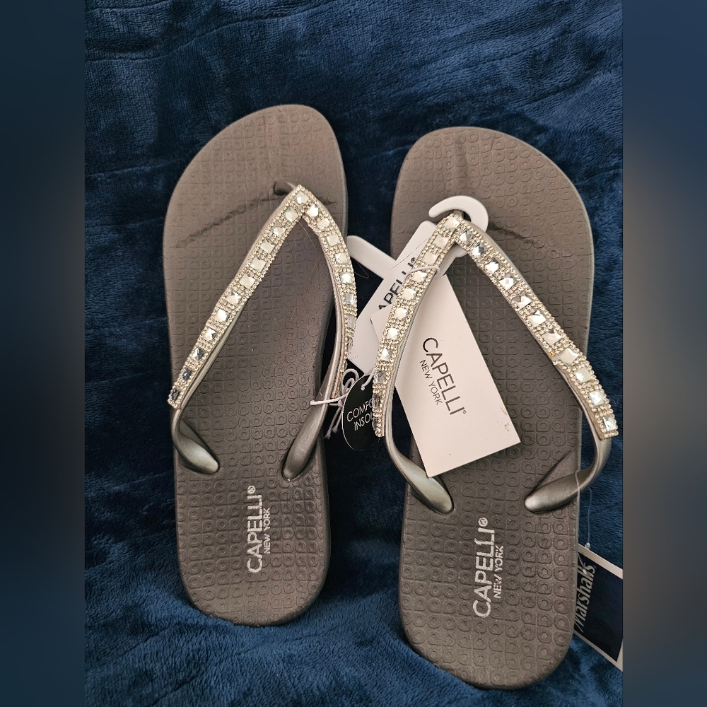 Capelli of New York Women's Gray Rhinestone Flip Flops